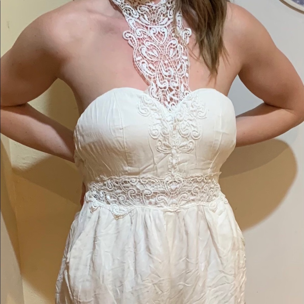 XS romper, cream, lace inset